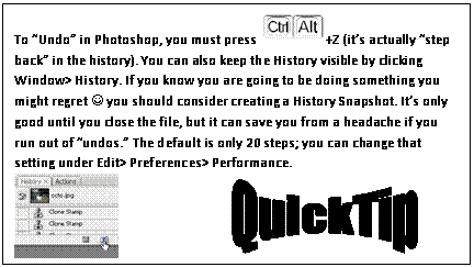 Text Box: To Undo in Photoshop, you must press  +Z (its actually step back in the history). You can also keep the History visible by clicking Window> History. If you know you are going to be doing something you might regret J you should consider creating a History Snapshot. Its only good until you close the file, but it can save you from a headache if you run out of undos. The default is only 20 steps; you can change that setting under Edit> Preferences> Performance.
                                 
