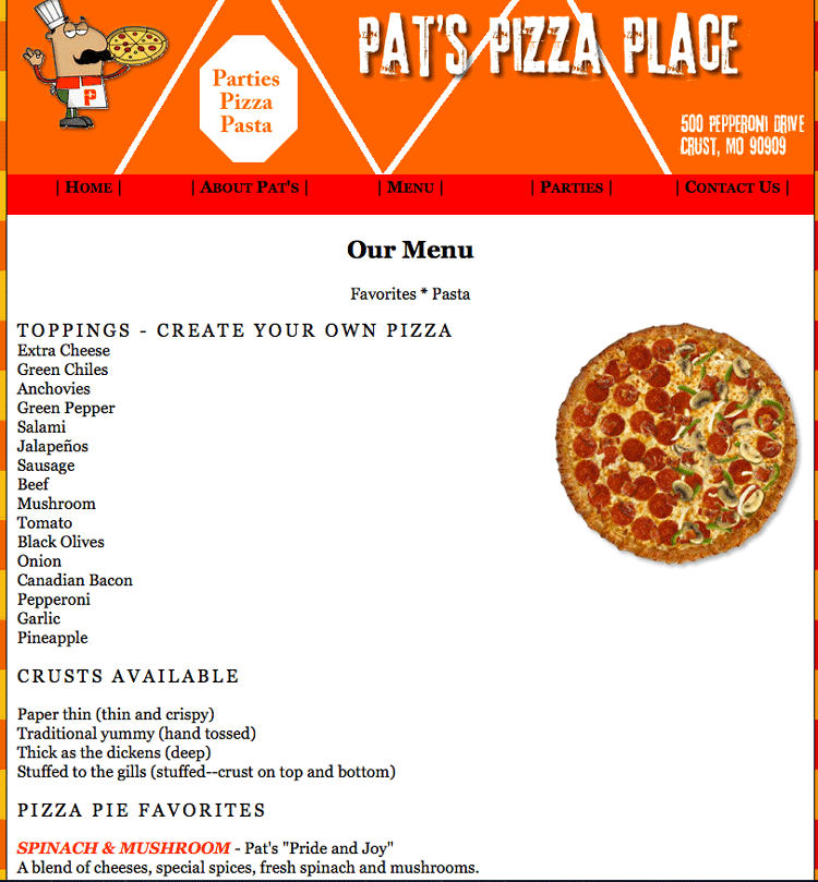 pat's pizza menu