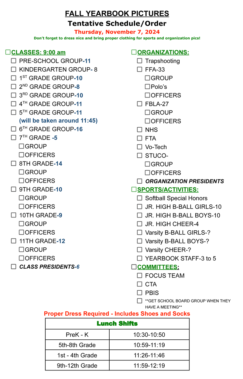 Fall Pictures Tentative Schedule