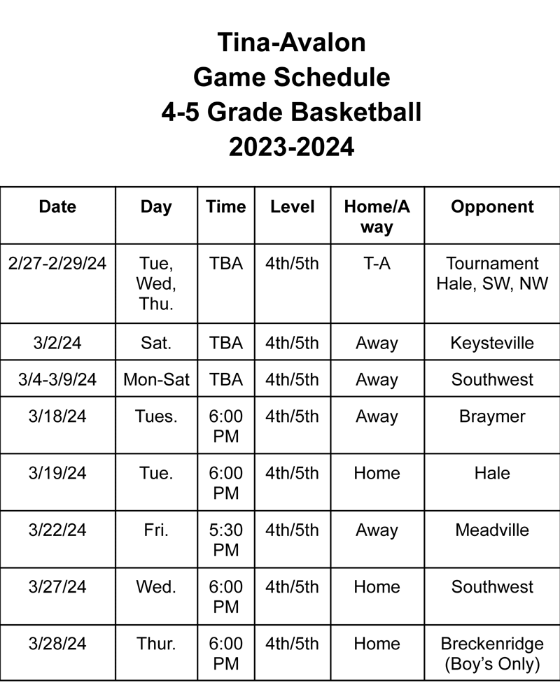 4th/5th Grade Basketball Schedule